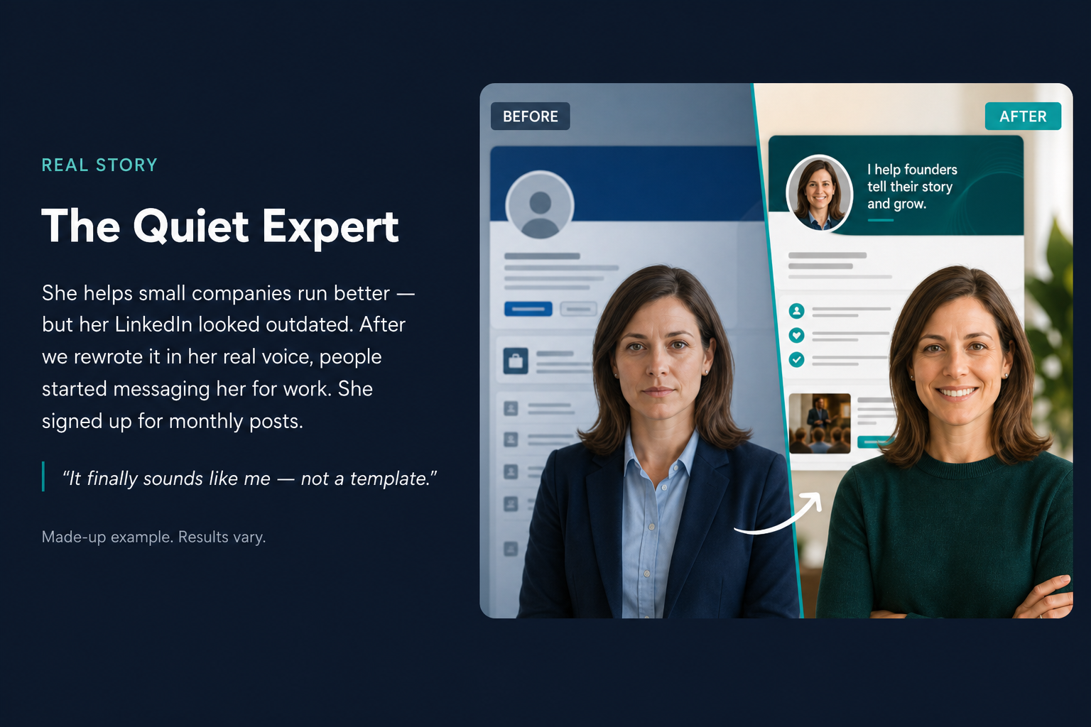 Before and after LinkedIn profile rewrite — outdated profile becomes clear and personal